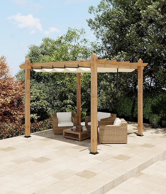 10 x 10 ft Aluminum Pergola with Adjustable Canopy, Outdoor Metal Pergola, Imitation Wood-Grain Sun Shade Shelter for Garden Patio Backyard Deck BouPower