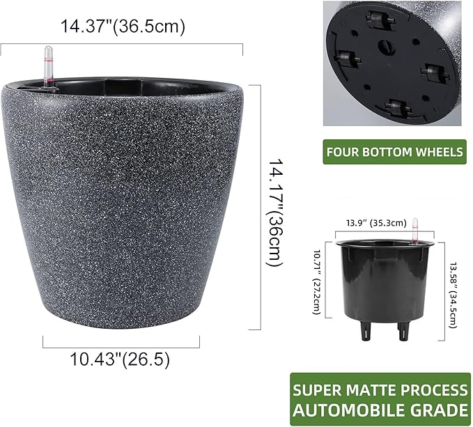 Dexceder 15x14 Self Watering Planter with Wheels Indoor Outdoor, Inner Pot Design, Thickened Large Floor Standing Flower Plant Pot with Water Level Indicator (Stone Matte) Dexceder