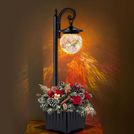 Solar Lamp Post Light with Planter, Matte Black Outdoor Flower Pots with Mosaic Glass, 2 in 1 Waterproof Solar Outdoor Lights for Porch Front Door Patio YonaveilLighting