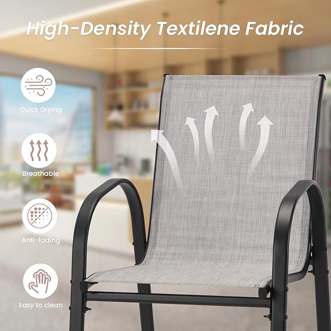 HOMREST Outdoor Bar Height Stools Set of 6,High Back Patio Chairs with Armrests,Textilene Chairs with Breathable Fabric & Metal Frame for All Weather,Light Grey HOMREST