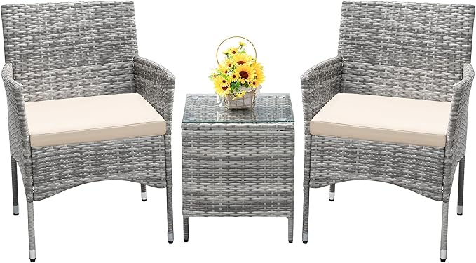 Devoko 3 Pieces Patio Furniture Sets Clearance PE Rattan Wicker Chairs with Table Outdoor Garden Porch Furniture Sets (Light Grey) DEVOKO
