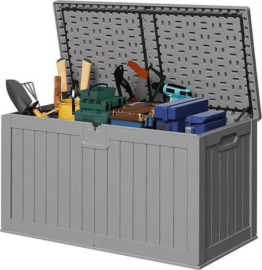 Devoko 240 Gallon Double-Wall Deck Box with Divider, Side Handles, Resin Outdoor Large Storage Box Waterproof and Lockable for Patio Furniture, Garden, Pool (Grey) DEVOKO