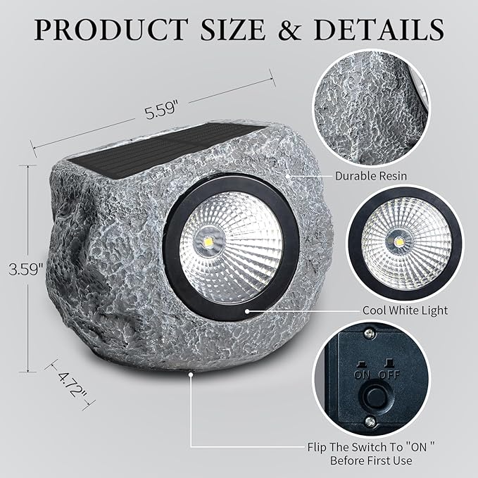 Solar Rock Lights Outdoor 1 Pack, Bright Solar Spotlights Outdoor Waterproof, Wireless LED Rock Lights, Auto On/Off Landscape Spotlights Walkway Solar Lights for Outside Yard Patio Pathway Flowerbed Timeflies