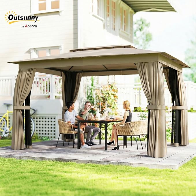 Outsunny 10' x 12' Outdoor Patio Gazebo, Heavy Duty Gazebo Canopy Shelter with Double Roof, Curtains, Netting, Steel Frame, UPF30+ Protection, Ceiling Hooks for Lawn, Backyard, Deck, Khaki Outsunny