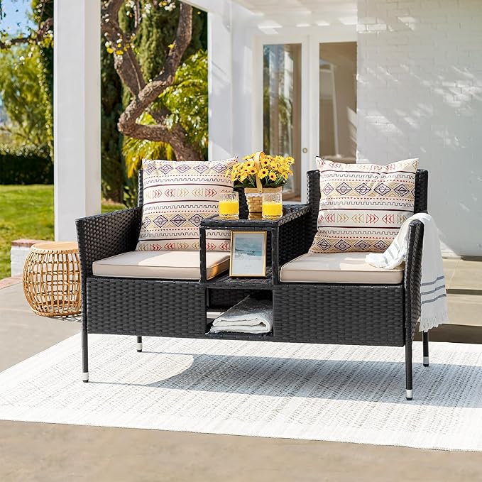 Devoko Outdoor Patio Loveseat Modern Rattan 2-Seat Patio Conversation Set with Cushions & Built-in Coffee Table Porch Furniture for Garden Lawn Backyard (Beige) DEVOKO
