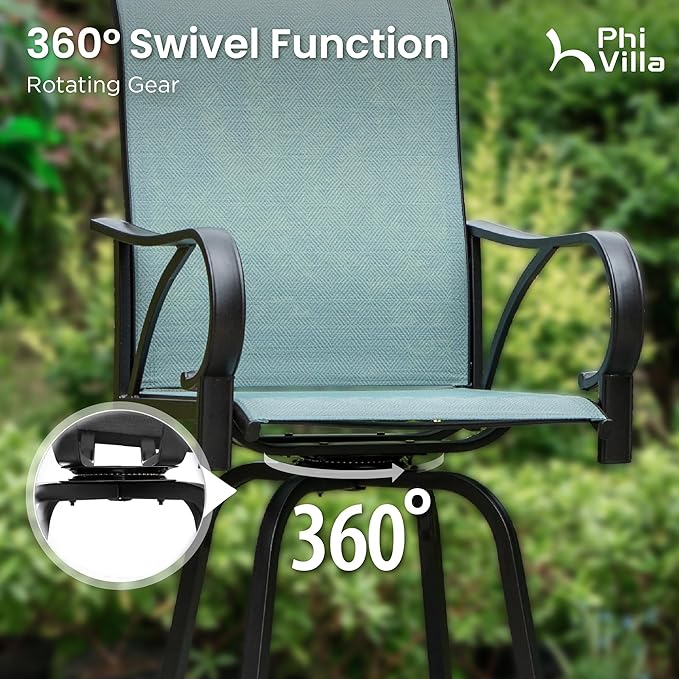 PHI VILLA Outdoor Bar Stools Set of 6, Swivel Patio Bar Stools & Chairs, High Top Bar Seating for Outside, Balcony，Porch and Backyard, Teal PHIVILLAThepioneerofcomfortablehouseholdsupplies