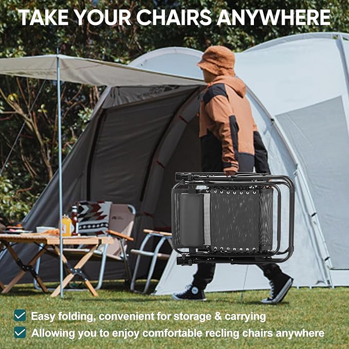 NEWBULIG Zero Gravity Chair Set of 4, Lounge Chair Folding Portable Adjustable Camping Reclining Chairs with Adjustable Pollow, Mesh Back, Cup Holder Trays Lawn Patio Chair for Pool Beach - Black NEWBULIG