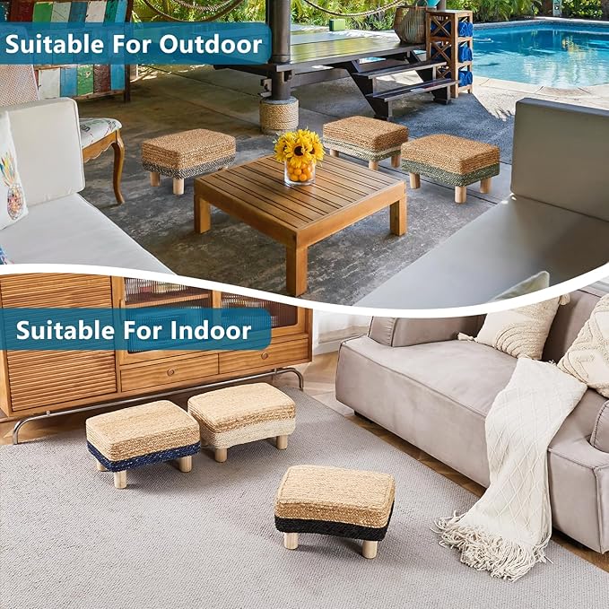 Wimarsbon Natural Seagrass Footstool Ottoman Rectangular Footrest Pouf Ottomans with Wooden Legs Hand Weave Step Stool for Living Room Bedroom Entryway Blue Wimarsbon
