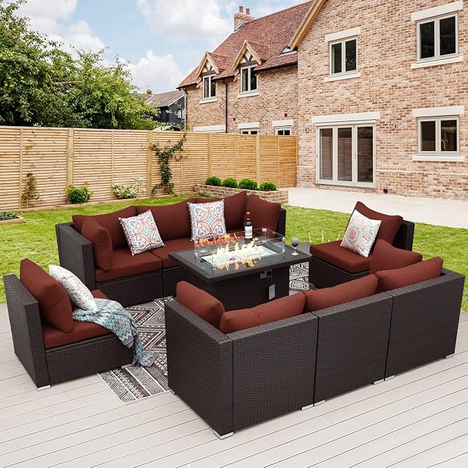 NICESOUL Modern 9 Pcs Patio Sectional Sofa Set with Fire Pit Natural Gas/Propane, Extra Large Outdoor Furniture Sets, 29.3'' High Back Deep Seats Conversations 8 Seater, Brown Rattan and Red Cushion NICESOUL