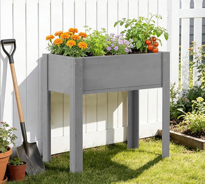 Raised Garden Bed with Legs, 31x16x31'', Outdoor Wood Elevated Planter Box, Grey Cedar, Thick Legs, w/Liner OutdoorFurniture