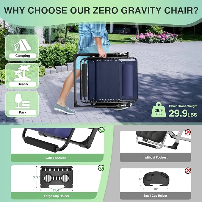 Suteck Oversized Zero Gravity Chair, 29In XL Outdoor Recliner Chair w/Removable Cushion&Headrest, Camping Lounge Chair w/Upgraded Lock&Footrest, Reclining Patio Chairs for Indoor Outdoor,500LBS Suteck