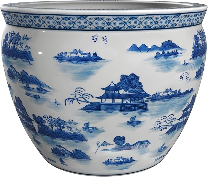 Red Lantern 20" Porcelain Fishbowl Blue & White Landscape Planter RedLantern