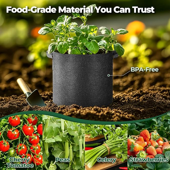 T4U 5 Gallon Grow Bags, Upgrade Grow Bags with Handles, Heavy Duty Thickened Nonwoven Fabric Pots, 5 Gallon Pots for Plants, Strawberry, Cherry Tomatoes (10 Pack) T4U