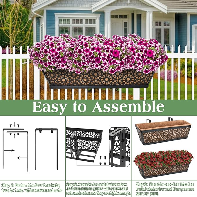 Halatool 4Pack 30 Inch Window Box with Coco Liner Sturdy Metal Railing Planter with Coconut Coir Basket Liners for Window Deck Fence Porch and Patio Outdoor Indoor Lawn HALATOOL