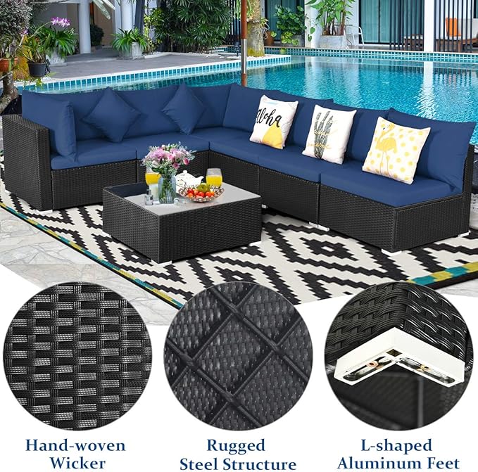 Tangkula 7-Piece Patio Furniture Set, Outdoor Sectional Wicker Sofa with Pillows and Cushions, Conversation Set with Coffee Table & Tea Table for Garden, Lawn (Navy Blue) TANGKULA