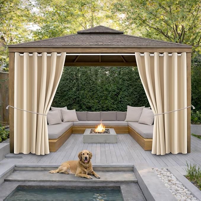Waterproof Outdoor Curtain W84 x L120 - Grommet Top Sunlight Blocking Window Treatment Drapes Blackout Curtains for Home Bedroom Living Room Patio Porch Pergola Cabana (Beige, 2 Panels) DivaenCamino