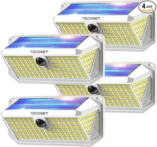 TECKNET 461 LED Solar Powered Outdoor Lights, 270° Angle & 3 Lighting Modes Motion Sensor Light Outdoor, Security Solar Lights Waterproof - 4 Pack, White, Cold Light Tecknet
