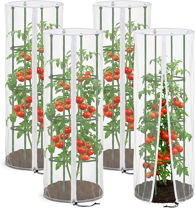 4 Pcs Garden Bird Netting Cover for Round Tomato Cage, 59" x 18" Tomato Trellis Insect Barrier Protection Mesh, Plant Cage Garden Net Cover with Zipper for Vertical Climbing Plants Vegetables Fruits PurpleStar