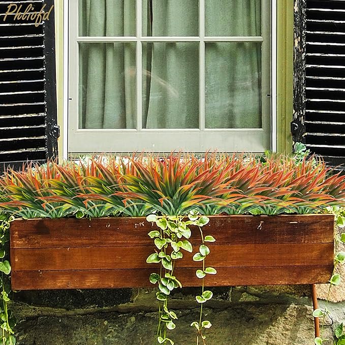6Pcs Artificial Grass Fake Plants 17.3in Outdoor Plastic Plants UV Resistant Greenery Fake Grass for Home Window Garden Office Patio Hanging Planter Pathway Front Porch Décor Red Phliofd