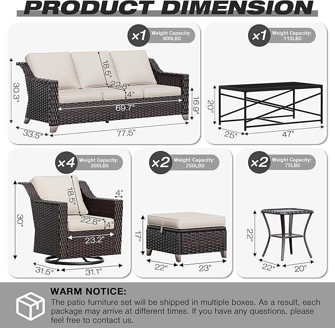 Joyside Wicker Patio Furniture Sets, 10 Pieces Upgraded Large Size Outdoor Furniture with 4 Swivel Rocking Patio Chairs, 3-Seat Sofa, Outdoor Ottoman, Thick Cushions, Wide Armrest, Beige Joyside