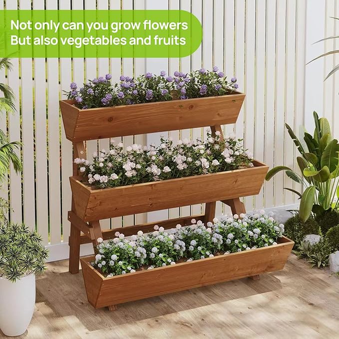 3-Tiers Wooden Raised Garden Bed Tiered Planter Box Flower Pots Vertical Garden Planter Wood Plant Stand for Vegetables Flowers Herbs for Patio, Balcony, Freestanding (Brown L) Dawnyard