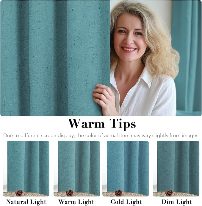 H.VERSAILTEX Linen Blackout Curtains 63 Inches Long 100% Absolutely Blackout Thermal Insulated Textured Linen Look Curtain Draperies Anti-Rust Grommet, Energy Saving with White Liner, 2 Panels, Teal HVERSAILTEX