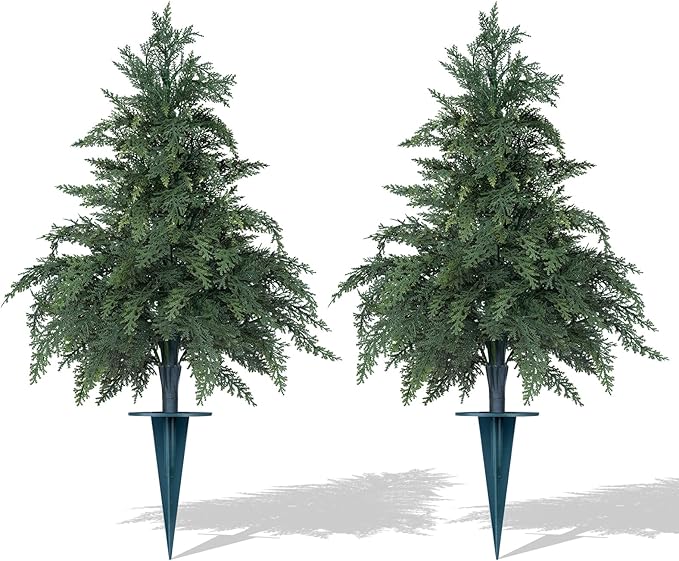Artificial Cypress Topiary Cedar Trees with Ground Spike, 2 Pieces Fake Pine Shrubs Bushes, UV Resistant Faux Evergreen Tree Plants for Indoor Outdoor Planters Front Porch FEELTHENEWWORLD