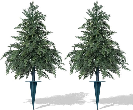 Artificial Cypress Topiary Cedar Trees with Ground Spike, 2 Pieces Fake Pine Shrubs Bushes, UV Resistant Faux Evergreen Tree Plants for Indoor Outdoor Planters Front Porch FEELTHENEWWORLD