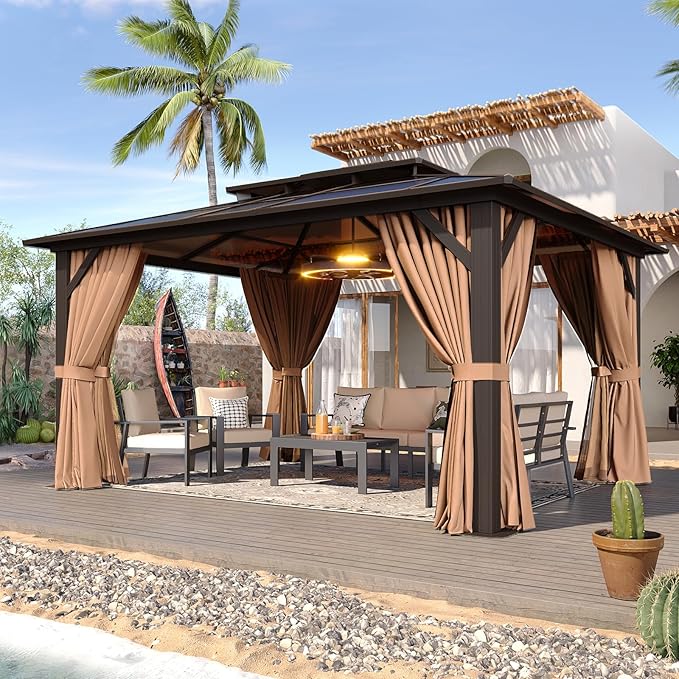 Aoxun 12'x14' Hardtop Gazebo with Double Polycarbonate Roof, Aluminum Frame Permanent Pavilion Includes Netting & Curtains for Patio, Lawn & Garden (Khaki) Aoxun