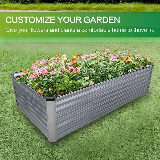 GARDMAX 8x4x2FT Galvanized Raised Garden Bed Kit, Metal Planter Boxes Outdoor with Easy Assembly, Large Garden Bed for Vegetables, Fruits, Flower, Herbs Rectangle Silver ChooseGardmaxforbetterlife