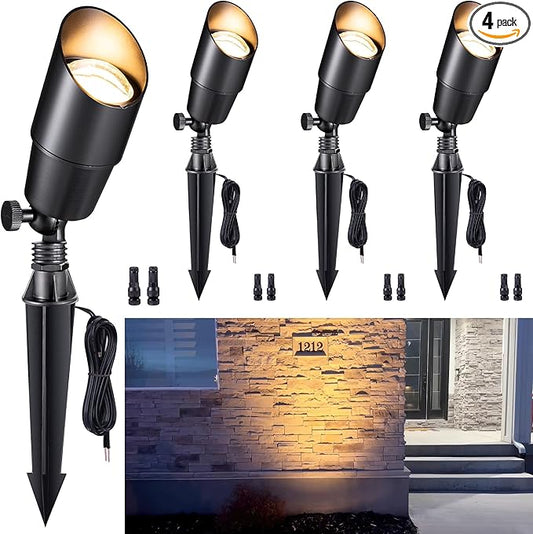 Gardenreet Brass Landscape Lighting - Black Outdoor Low Voltage Spotlights LED, 12V Wired Uplights, Waterproof Spot Lights for Outside Trees Without MR16 Bulb (4 Pack) Gardenreet