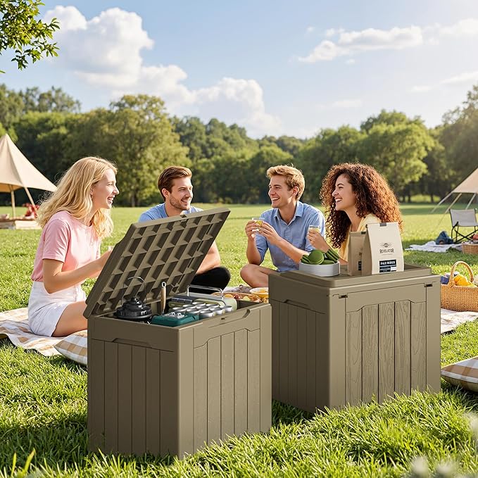 JUMMICO 31 Gallon Resin Deck Box Waterproof Indoor Outdoor Storage Boxes for Patio Furniture Cushions and Garden Tools (Light Brown, 31gallon-2 Packs) JUMMICO