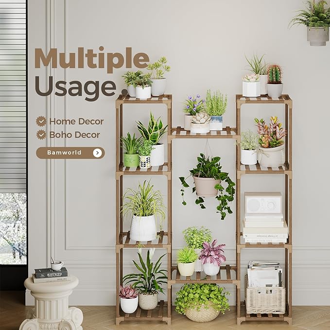 Bamworld Plant Stand Indoor Outdoor Hanging Shelf for Multiple Plants Tall Large Holder for Living Room Patio Balcony Garden (A-Cabinet-Wider) Bamworld