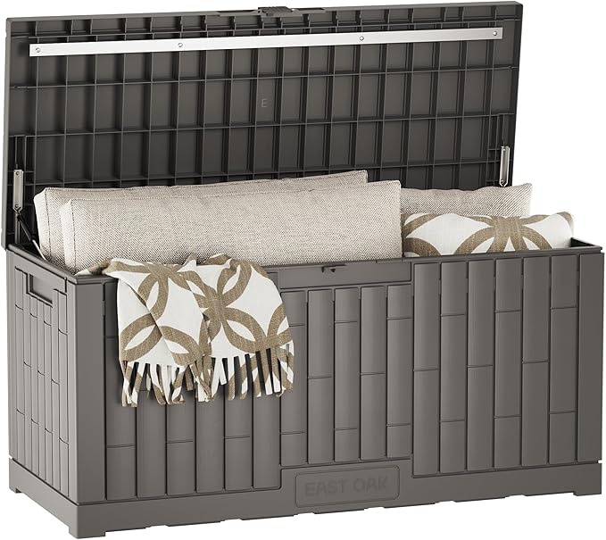 EAST OAK 120 Gallon Outdoor Storage Box | Large Resin Deck Box with Reinforced Stainless Steel Support | Waterproof & UV-Resistant Patio Storage Box for Cushions, Garden Tools & Pool Accessories, Grey EASTOAK