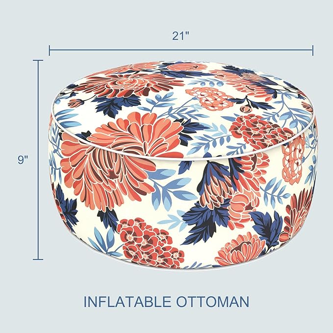 LVTXIII Indoor/Outdoor Inflatable Ottoman with Handle D21 x H9 Inch, Weather-Resistant Round Footstool Pouf for Patio Camping Living Room, Portable Footrest Extra Seating, Vibrant Blossom LVTXIII