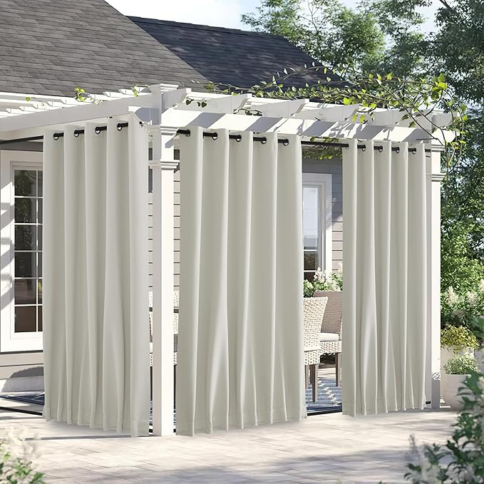NICETOWN 2 Panels Outdoor Curtains for Patio Waterproof & Windproof, Thermal Insulated Top & Bottom Grommet & Back Tab Sun Blocking Outdoor Drapes with Fixed Rope for Gazebo, Natural, W66 x L90 NICETOWN