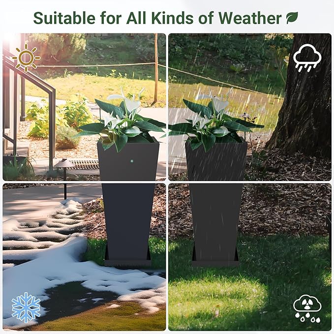 Tall Outdoor Planters Set of 2, 26 inch Tall Planters for Outdoor and Indoor, Metal Tapered Pots with Drainage Holes & Insert Shelves & Trays for Porch, Garden, Patio, Yard Toriexon