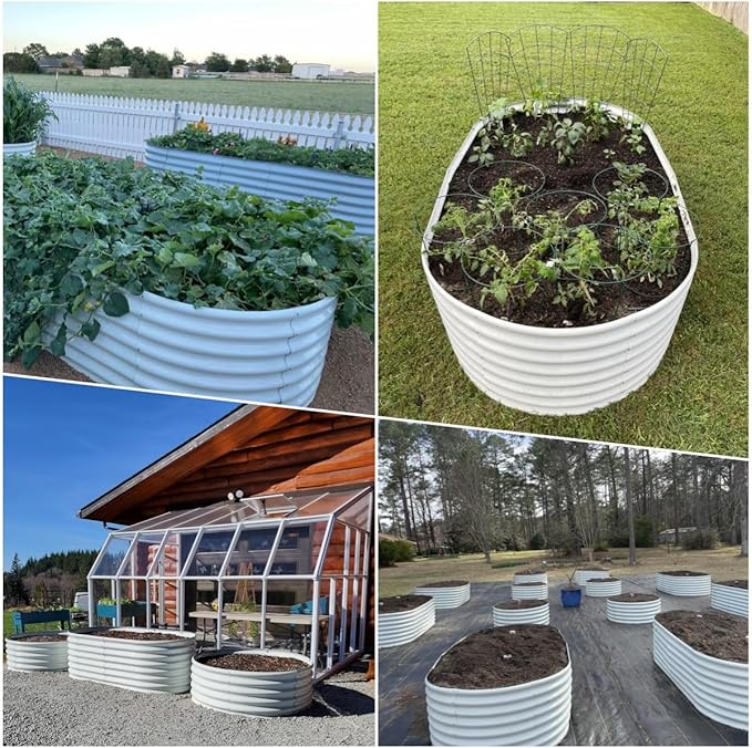 A ANLEOLIFE 6-Set 8X4X2 ft Galvanized Raised Garden Bed Kit, Oval Metal Deep Root Planters for Outdoor Plants, Antique White AAnleolife