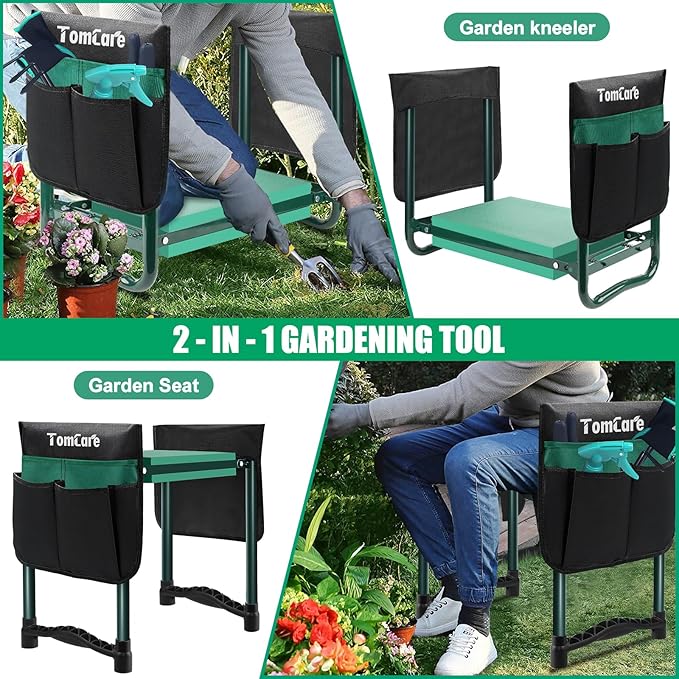 TomCare Garden Kneeler and Seat 10.64” Wider Larger Soft Kneeling Pad Garden Bench with 2 Large Tool Pouches Heavy Duty Garden Stool Foldable Tools Gardening Gifts for Women Men Gardeners TomCare