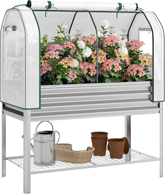 Outsunny Galvanised Raised Garden Bed with Greenhouse Cover, Metal Elevated Garden Bed with Legs, Bed Liner and Bottom Shelf, Outdoor Raised Planter Box for Vegetables, Herbs, Flowers, Silver Outsunny