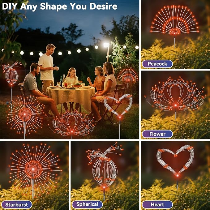Garden Outdoor Lights, 2 Pack 120 LED Solar Garden Lights Fairy Lights Outdoor Waterproof Decorative Solar Firework Lights for Yard, Patio, Pathway, Flowerbed Party Wedding Decor, Orange Slyuexu