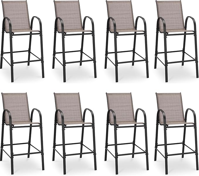 HOMREST Outdoor Bar Height Stools Set of 8,High Back Patio Chairs with Armrests,Textilene Chairs with Breathable Fabric & Metal Frame for All Weather,Taupe HOMREST