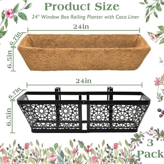 ZeeDix 3 Pack Metal Window Box for Railings, 24 Inch Over Railing Planter Boxes with Coco Liners, Hanging Flower Box Planters for Outdoor Fence Deck Porch Balcony & Patio ZeeDix