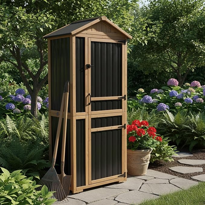 Large Outdoor Storage Cabinet with 4 Shelves, Wood Outdoor Storage Shed with Weatherproof Roof, Lockable Doors, Tall Outdoor Patio Cabinets for Garden Tool and Accessories, Brown MAGAZOOPET