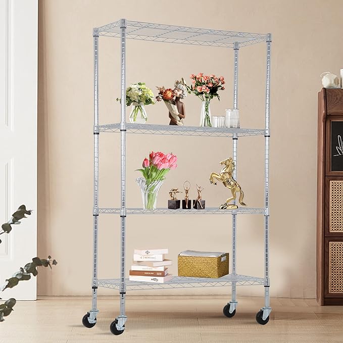 BestOffice | 4-Tier Wire Storage Shelves with Wheels | 36x14x62 | Chrome | Adjustable Racks | Heavy-Duty Metal Shelf, Holds Upto 500 lbs | No-Tool Assembly | Ideal for Home & Garage Shelving BestOffice