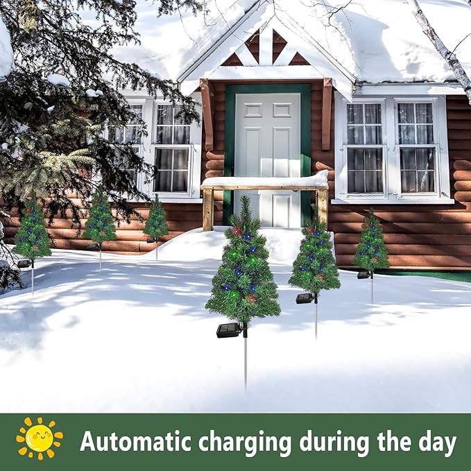 4PCS Solar Christmas Tree Garden Stake Lights Outdoor Waterproof Pathway Lights Xmas Tree Light for Lawn Patio Yard Front Porch Christmas Decor SXXSMYWR