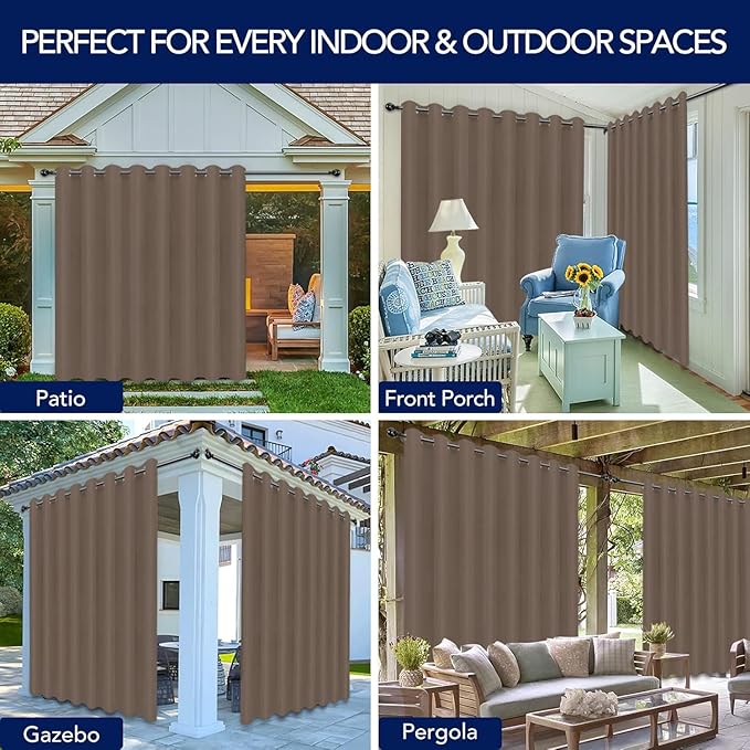 PureFit Outdoor Curtains for Patio Waterproof Weatherproof, UV Resistant Outside Curtains for Gazebo, Front Porch, Pergola, Sun Blocking Privacy Curtain, 120W x 108L inch, 1 Panel, Camel PureFit