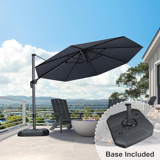 PURPLE LEAF 11 Feet Patio Umbrella with Base Outdoor Cantilever Round Umbrella Aluminum Offset Umbrella with 360-degree Rotation for Garden Deck Pool Patio, Grey PURPLELEAF