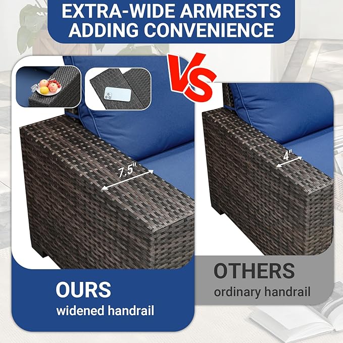 Jing's Villa 8-Piece Patio Furniture Set, All-Weather Outdoor Wicker Sectional Sofa with Cushions, Glass Table & Left and Right Armrest, Rattan Conversation Seating for Porch, Garden, Backyard,Navy JingsVillaOutdoorFurniture