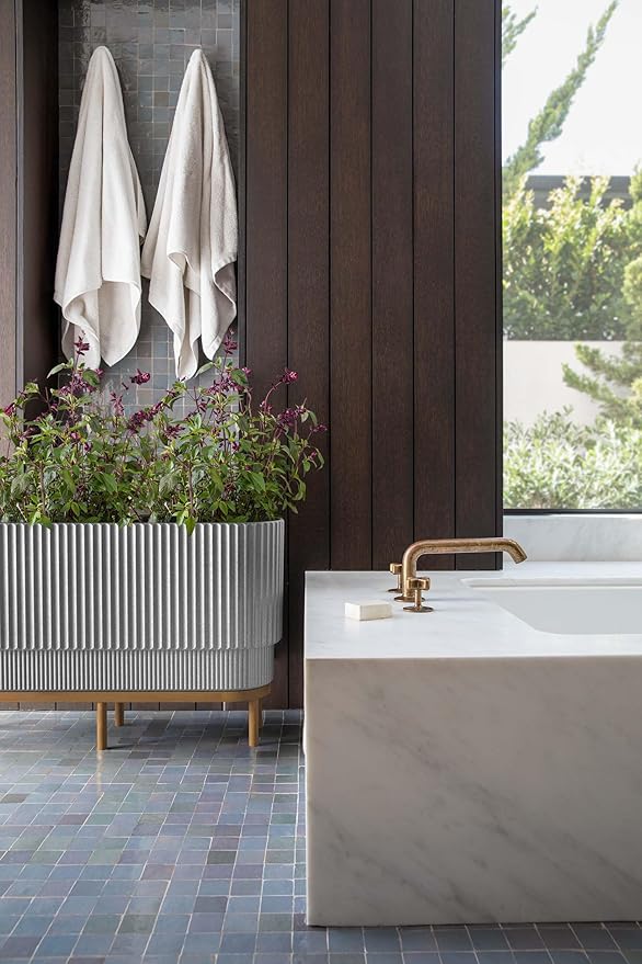 Veradek Demi Series Raised Long Planter for Indoor/Outdoor Use | Made from Plastic & Stone w/Wooden Stand | Modern Patio Décor for Flowers/Shrubs VeradekOutdoor